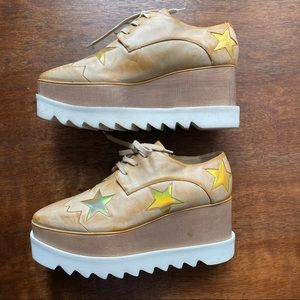 Stella Mccartney Star Elyse Platform Shoes Size 37.5 Beige Cream Gold Stars 7